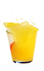 Fototapeta na wymiar Splash in glass of juice with falling slice of orange