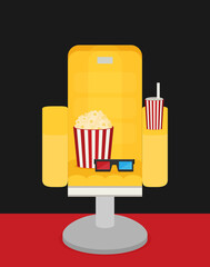 Cinema chair with popcorn, soda. Vector illustration.