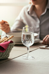 Woman having lunch at the restaurant, food and lifestyle concept