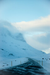 Icy mountain road, lonely road, east Iceland