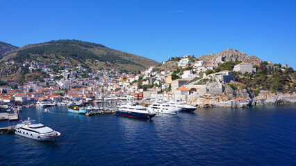 Fototapeta premium Photo of picturesque island of Hydra on a spring morning, Saronic Gulf, Greece