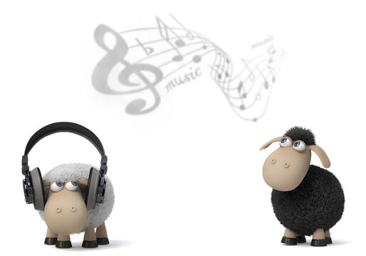 3d illustration sheep listen to the music