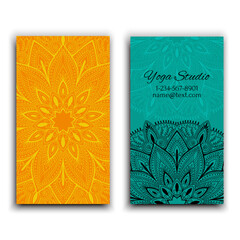 Cards template for yoga studio. Isolated vector editable pattern with mandala on front and back side of flyer.