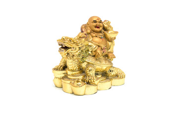 Happy Buddha - Chinese God of Happiness sit on dragon and tortoise shell on white background.