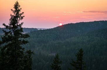 Scenic landscape with sunset at evening in national park Koli, Finland