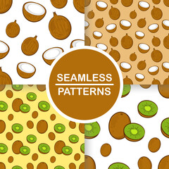 Vector set of seamless patterns with cartoon kiwi and coconut