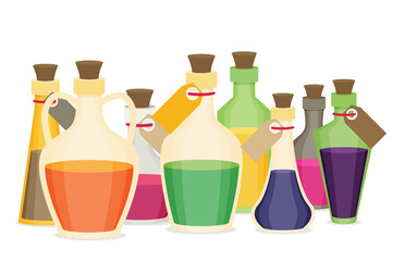 Set of cartoon bottles and potions. Flat vector.