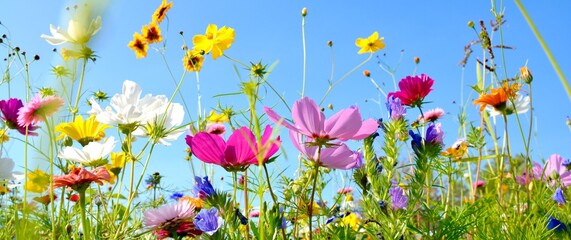 Blumenwiese - Hintergrund Panorama - Sommerblumen - obrazy, fototapety, plakaty