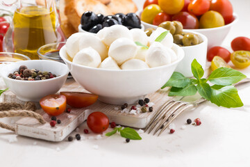 fresh ingredients for salad with mozzarella on white table