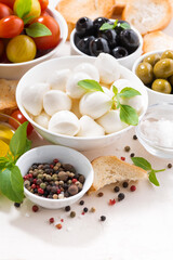 fresh ingredients for salad with mozzarella on white table, closeup vertical