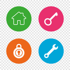 Home key icon. Wrench service tool symbol.