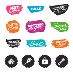 Home key icon. Wrench service tool symbol.