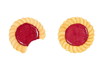 Two watercolor shortbread cookies with fruit jam