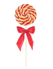 Watercolor lollipop with with red and yellow stripes and red bow
