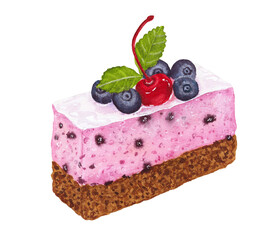 Watercolor piece of cake with cherry, blueberries, mint and chocolate decor