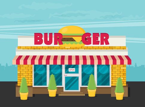 Facade of burger shop flat vector.