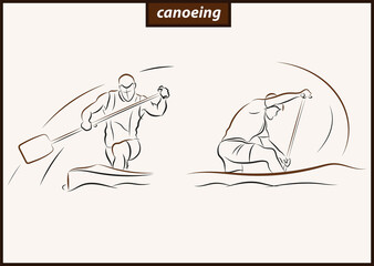 Set of a vector illustration shows a athlete rowing paddle canoe. Sport. Canoeing