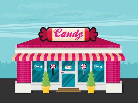 Facade of candy shop flat vector.