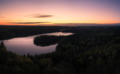 Scenic landscape with before sunrise and lake at autumn in national park