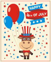 Naklejka premium Happy 4th of july! Funny bull with balloons for independence day USA.