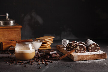 Chocolate sausage on a dark background