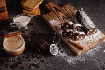 Chocolate sausage on a dark background