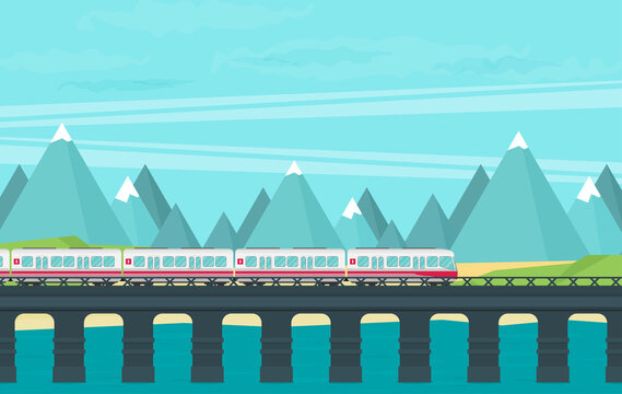 Train on railway with outdoor country landscape. Vector travel concept background.