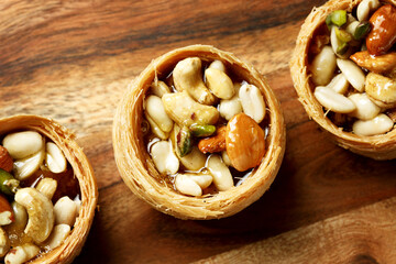 Close-up of sweet nest dessert with nuts