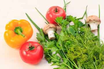 Set of fresh natural products with pepper, tomato, mushrooms, onion, dill and parsley