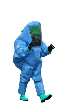 Man with a blue protective suit against radiation and chemical a