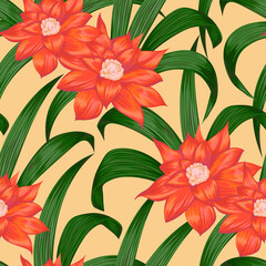 Seamless pattern with tropical orange bromeliad flowers. Exotic floral botanical background. Vintage hand drawn vector illustration in watercolor style