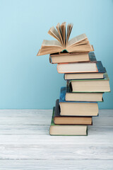 Stack of colorful books. Education background. Back to school. Book, hardback colorful books on...