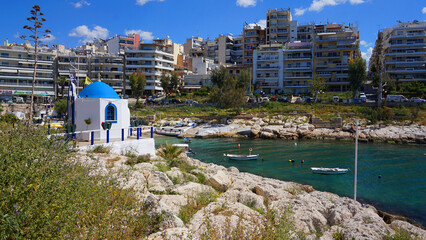 Photo of small picturesque port with chappel of Agios Nikolaos, Peiraeus, Attica, Greece