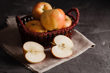 Apples in a basket against a dark background