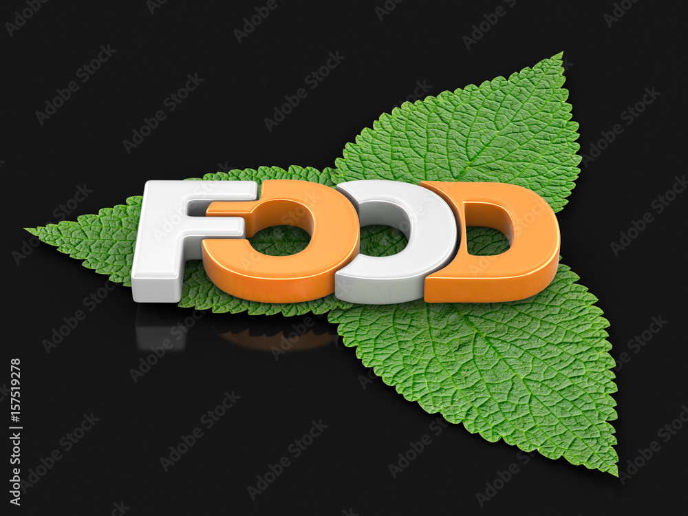 Poster food text on leaves. image with clipping path