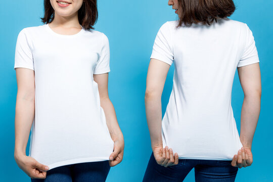 young woman wearing white plain T shirt. front view and rear view.