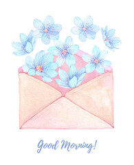 Watercolor illustration. Floral message with blue flowers. Envelope with flowers. Ready to use card. Perfect for wedding invitations, greeting cards, prints, posters, packing etc