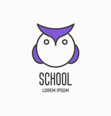 Logo with cartoon wise owl, design element for school, business, pet shop. Vector illustration.