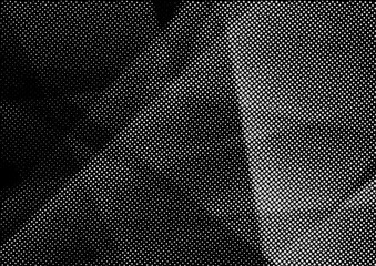 Black old fashioned dotted geometrical distorted layout. Minimal abstract retro triangular pattern polka dot halftone grey circles over black background - obrazy, fototapety, plakaty