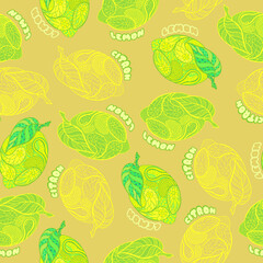 Lemon seamless pattern. Hand drawn. Doodle and zentangle style. Vector illustration.