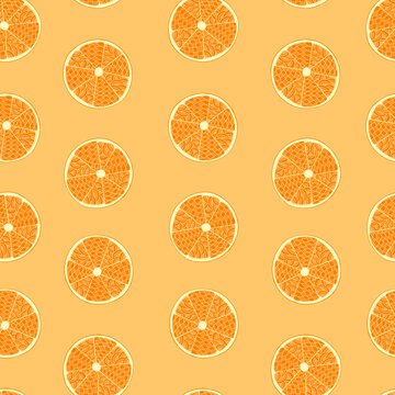 Slices of orange fruits. Hand drawn seamless pattern. Doodle and zentangle style. Vector illustration.