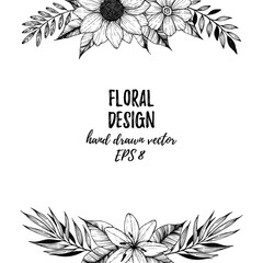 Hand drawn vector illustration - Square frame with flowers and leaves. Floral bouquet. Perfect for invitations, greeting cards, tattoo, textiles, prints, posters etc