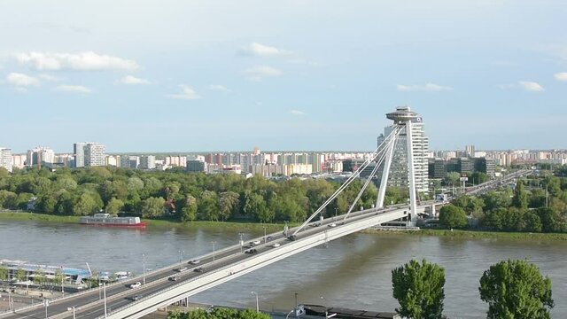 The new bridge with the UFO tower on the Danube river in Bratislava