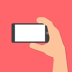 hand holds a smart phone in horizontal position