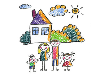 Fototapeta na wymiar Kids drawing Happy family Mother, father, sister, brother Happy mom and dad with son and daughter Family house Children illustration with happy couple, kids, parents, house Home for my family Chalk