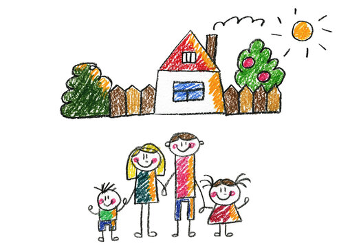 Kids Drawing Happy Family Mother, Father, Sister, Brother Happy Mom And Dad With Son And Daughter Family House Children Illustration With Happy Couple, Kids, Parents, House Home For My Family Chalk