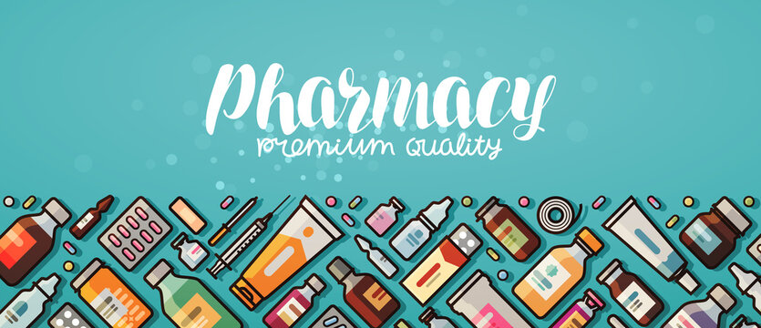Pharmacy Banner. Medicine, Medical Supplies, Hospital Concept. Vector Illustration In Flat Style