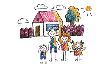 Fototapeta na wymiar Kids drawing Happy family Mother, father, sister, brother Happy mom and dad with son and daughter Family house Children illustration with happy couple, kids, parents, house Home for my family Chalk
