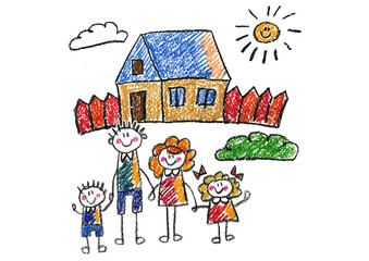 Obraz na płótnie Canvas Kids drawing Happy family Mother, father, sister, brother Happy mom and dad with son and daughter Family house Children illustration with happy couple, kids, parents, house Home for my family Chalk