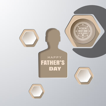 Happy Father's Day vector paper craft with man silhouette, wrench silhouette, round and hexagon shapes on the gradient gray background.